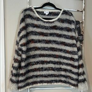 Style Rack Fuzzy Striped Sweater in Black, White, and Brown